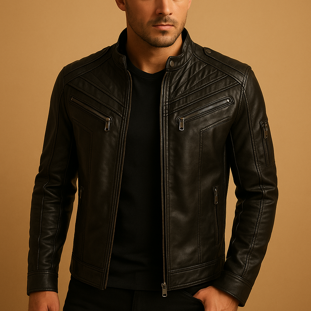 Veste en cuir matelassée pour homme avec col montant