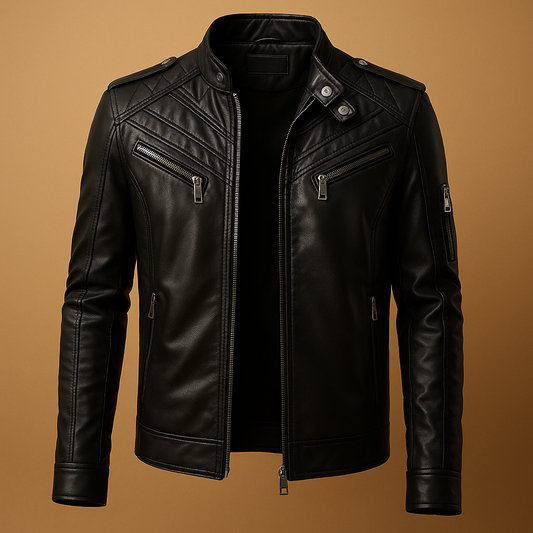 Veste en cuir matelassée pour homme avec col montant